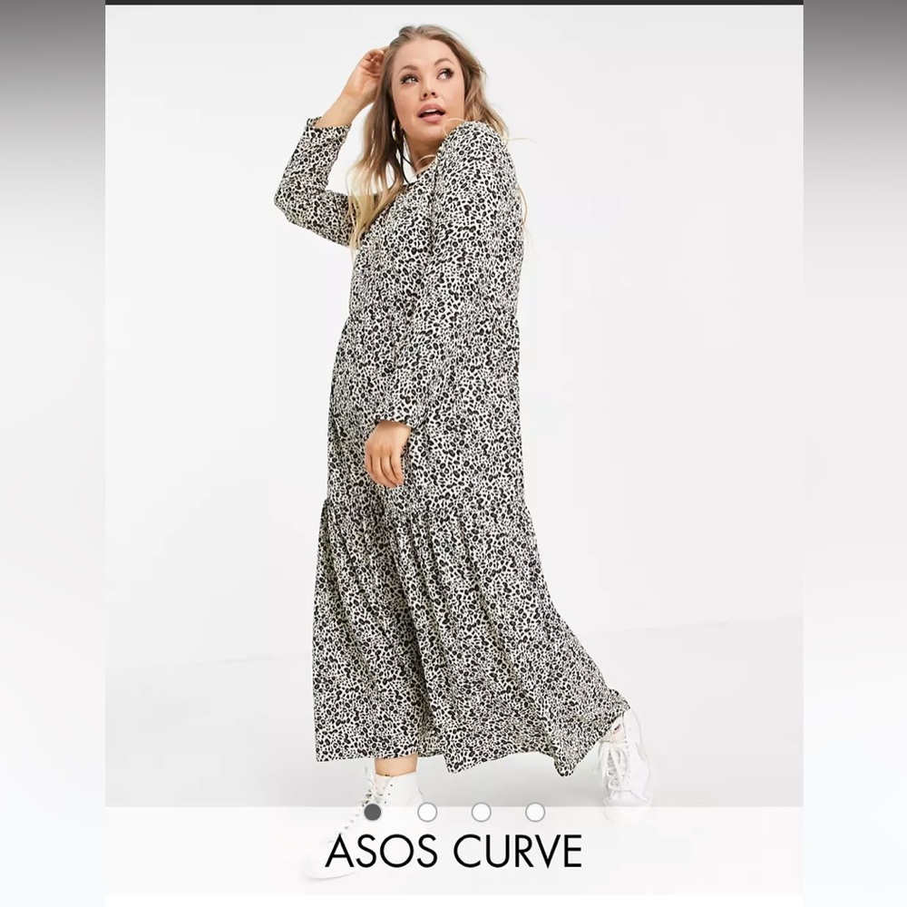 ASOS DESIGN Curve long sleeve tiered smock midi dress in animal print